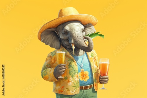 A whimsically dressed elephant wearing a Hawaiian shirt, Bermuda shorts, and a straw hat, holding a tropical drink with an umbrella on a solid yellow background.