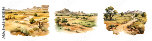 Western canyon, watercolor clipart illustration with isolated background