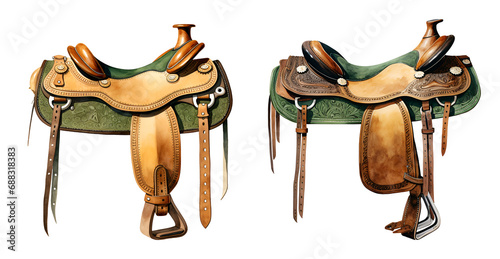 Western saddle, watercolor clipart illustration with isolated background