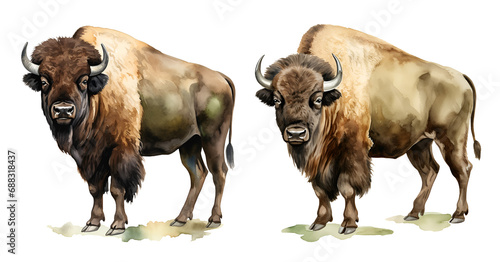 Western buffalo, watercolor clipart illustration with isolated background