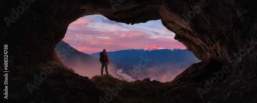 Adventurous Man Hiker standing in a cave. River and Mountains in background. Adventure Composite 3d Rendering