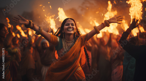 makar sankranti, diwali, lohri indian traditional festival background, happy smiling indian woman in punjab traditional dress