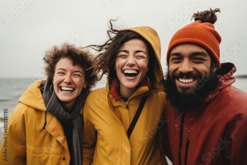 Portrait of a smiling diverse group of friends on winter beach