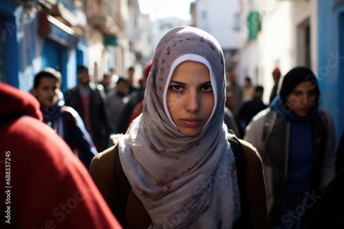 Serious young muslim middle eastern woman wearing a religious headscarf walking in a Middle Eastern city looking at the camera