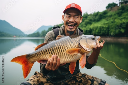 happy fisherman holding a big fish