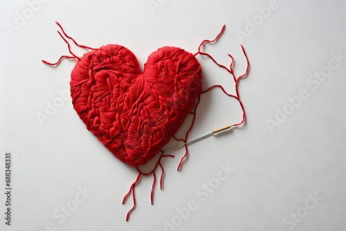 view top cloth white heart red Embroidered embroidery sewing background love nubes fabric texture concept frame thread needle kit accessory art passion tool closeup embroider fashion