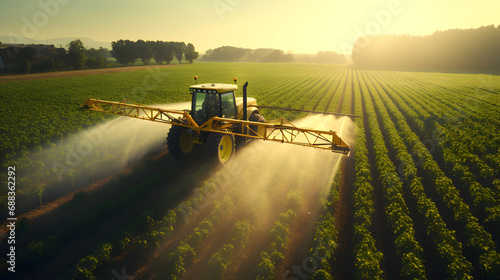 Tractor spraying pesticides on green soybean plantation at sunset, as seen from above,
