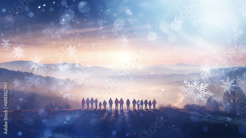 winter abstract background, group of people under snowfall, snowflake shape, greeting card for christmas and new year copy space