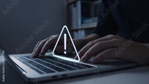 System warning hacked alert triangle caution warning, Cybersecurity, Scam Virus Spyware Malware Antivirus, Cyber attack data crypto wallet, document, internet banking, password, personal data.