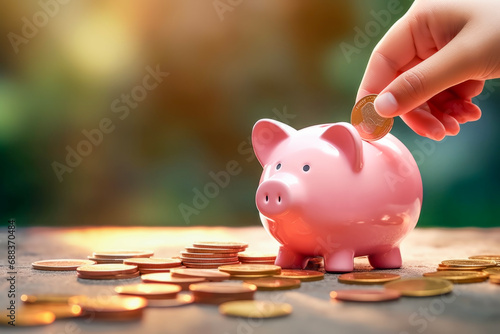 Close up hand of a child holding coin and putting money coin into the pink piggy for saving money wealth. Saving concept of finance and investment.