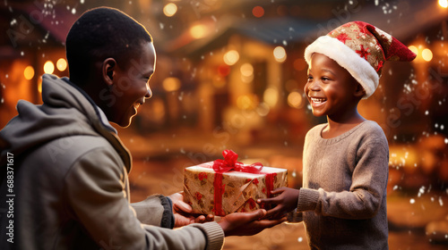 African kid is getting big giftbox for Christmas dusty street on background. Christmas support. Give and share kindness.
