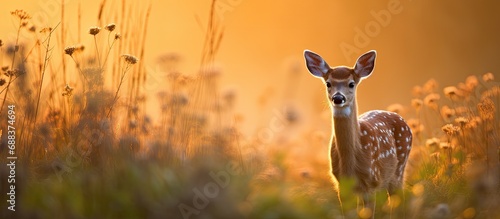 Sunrise backlit image of a whitetail fawn in an open field.