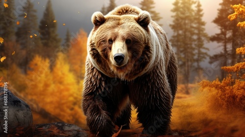 Frontal view of a bear in the autumn forest