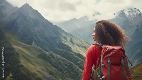 female hiker with a backpack looking at a beautiful view of high mountains under clear sky.