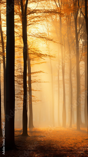 vertical panorama of the autumn forest, the sun's rays breaking through the fog, the sunshine, autumn morning in a fairytale forest