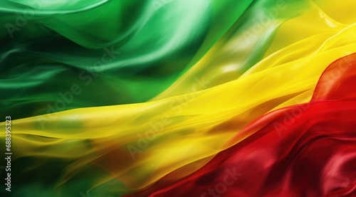 Cameroon flag colors Green, Red, and Yellow flowing fabric liquid haze background