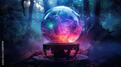 Magic crystal ball in the fantasy forest.
