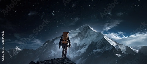 Climber ascends snowy mountain at night under starry sky.