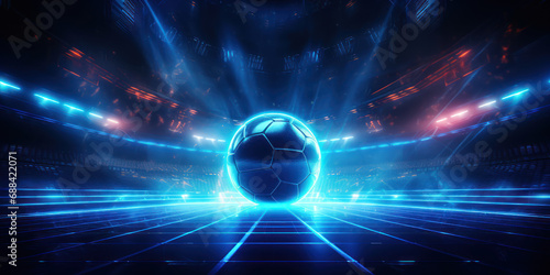 Game ball illuminated by intense blue lights, set against the dynamic atmosphere of a sports arena