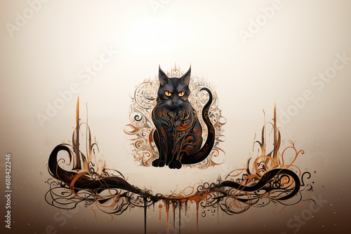 dessin stylisé d'un chat, dans le style des calligraphies perses anciennes, mélangeant prières religieuses, calligraphie et dessin animalier bestiaire. Chat noir sur fond beige crème. 