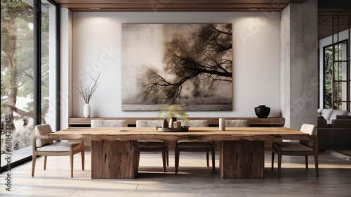 Dining room interior with large painting, wooden floor, wooden table and chairs. Created with Ai