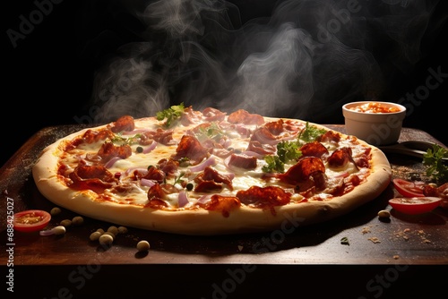 smoke steam paprika ham tomatoes bacon cheese melting composition pizza tasty pepperoni big Hot food italian meal dinner fresh sauce baked salami traditional