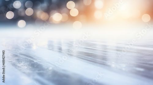 Festive background, surface of the ice skating arena. Closeup of the empty skating rink with blurry bokeh lights. Abstract winter holidays theme. Ice texture with copy space.