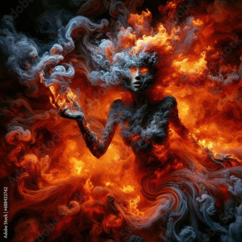 scary fire elemental goddess or demon burning with flames
