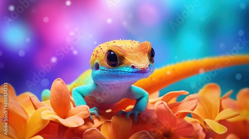  a close up of a lizard on a plant with flowers in the foreground and a bright blue sky in the background.