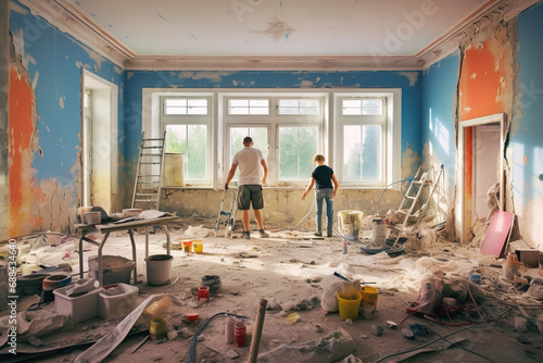 A couple of men working in a room under construction.