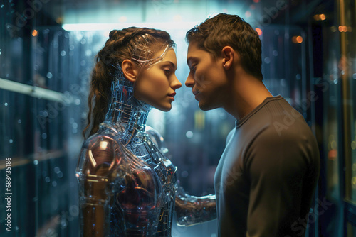 A man and a hologram digital woman standing next to each other. Hologram picture.