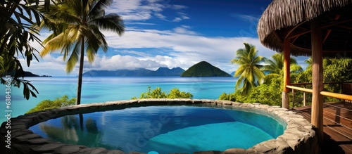 Tropical Tahiti resort with expansive outdoor jacuzzi and infinity pool overlooking the ocean.