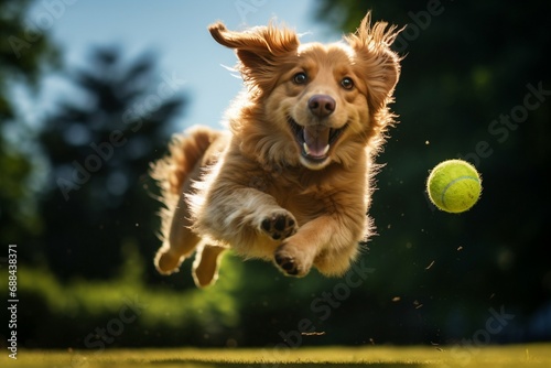  Retriever alegre en acción, saltando para atrapar una pelota bajo el sol en un parque