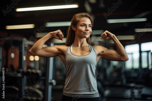 Beautiful sporty fit woman flexing muscles at the gym, fitness trainer, healthy lifestyle