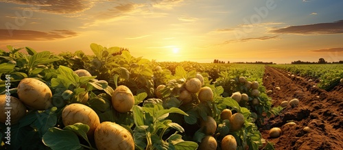 Sunset illuminates a vast potato field in a summer farming scene.