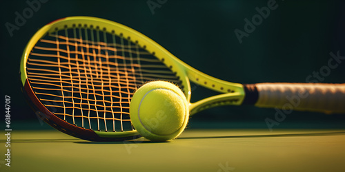 A tennis racket and a ball on a green background Tennis Gear on Vibrant Green