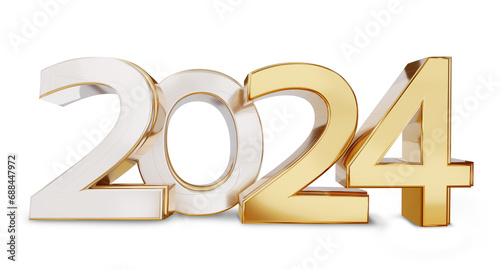 2024 new year bold letters golden symbol isolated, silver gold metallic glossy 3d-illustration