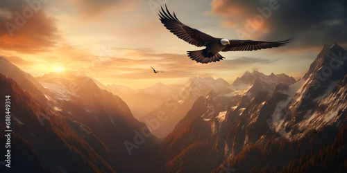 Stormy landscape with light rays crossing the clouds and the horizon, and a bird flying at a high altitude ,, The rugged grandeur of the Rocky Mountains, with eagles soaring overhead