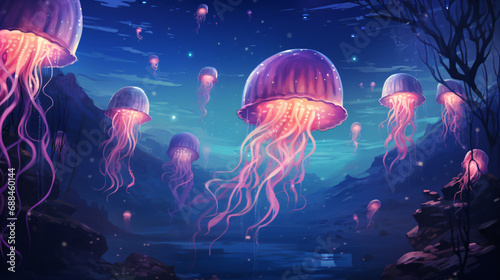 A group of jellyfish swimming in a blue sea