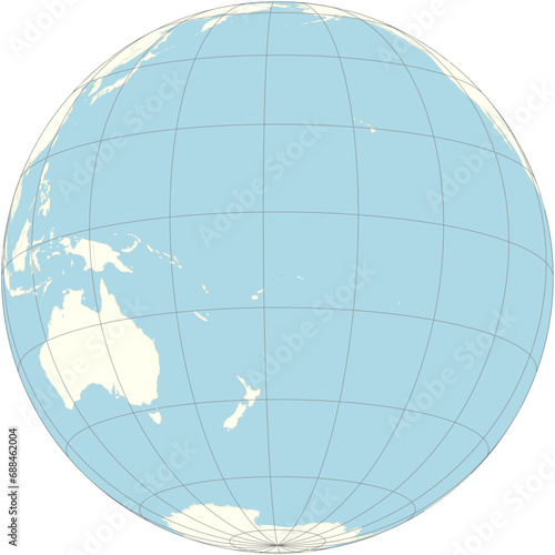 Wallis and Futuna Islands are positioned at the center of the orthographic projection of the global map. A self-governing overseas collectivity of France consisting of two island groups.