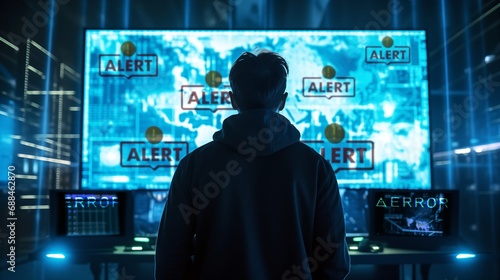 A cybersecurity expert stand in front of a big glowing hologram screen with alert message. Data Breach.