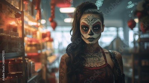 A celebration of darkness-a girl adorned with sugar skull makeup at the Mardi Gras festival, a blend of beauty and horror.