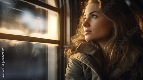 Railroad beauty: a female passenger captivated by the train's outdoor scenery.