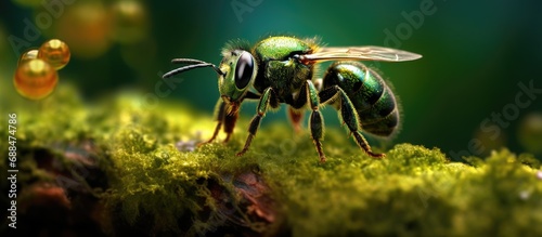 In the lush green landscape of nature, tiny metallic sweat glistened on the arthropods legs as the Apoidea bees buzzed around, their eyes capturing the beauty of the leafy surroundings, a true haven
