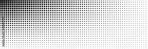 Horizontal gradient of black and white squares halftone texture vector illustration black and white dot background. Pop art style horizontal square halftone gradient.