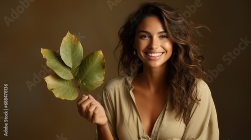 Beautiful smiling woman with leaf in her hand on dark beige background