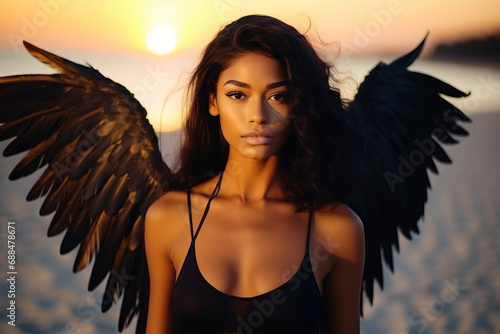 Portrait of a beautiful black angel woman at the beach at sunset