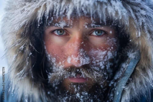Man explorer traveler in the Arctic with ice and snow on face and clothes, cold polar climate , extreme travel and expeditions to the Arctic