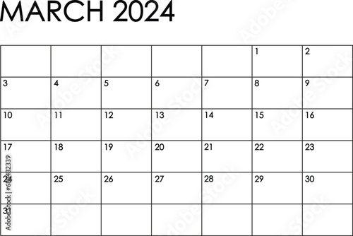 March 2024 month calendar. Simple black and white design