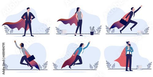 Successful business superheroes vectors - Collection of great businesspeople in cape, standing and flying. Achievement and triumph concept illustrations